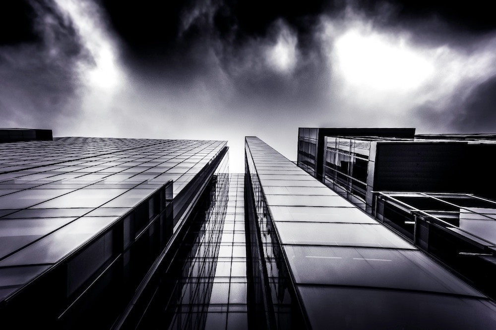 Dark Glass Building seen from below.